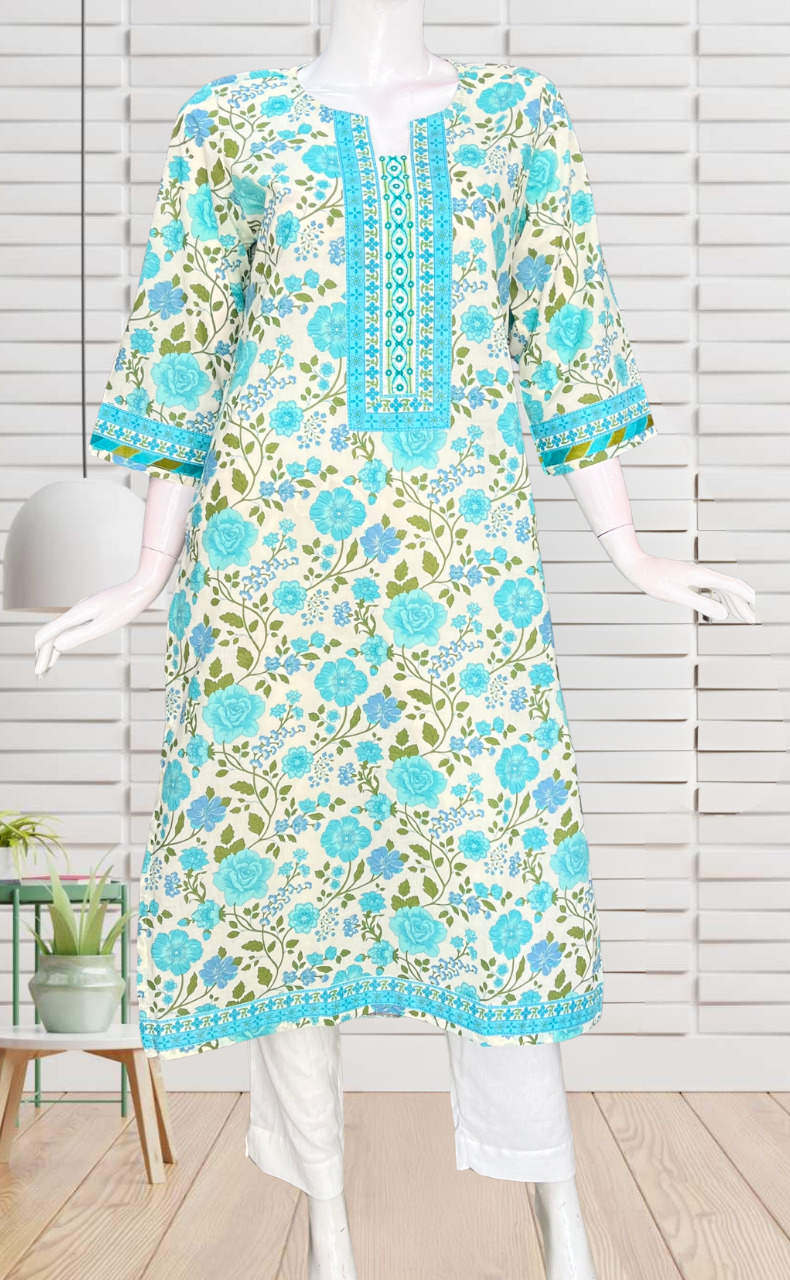 Sea Green Garden Jaipuri Cotton Kurti. Pure Versatile Cotton. | Laces and Frills