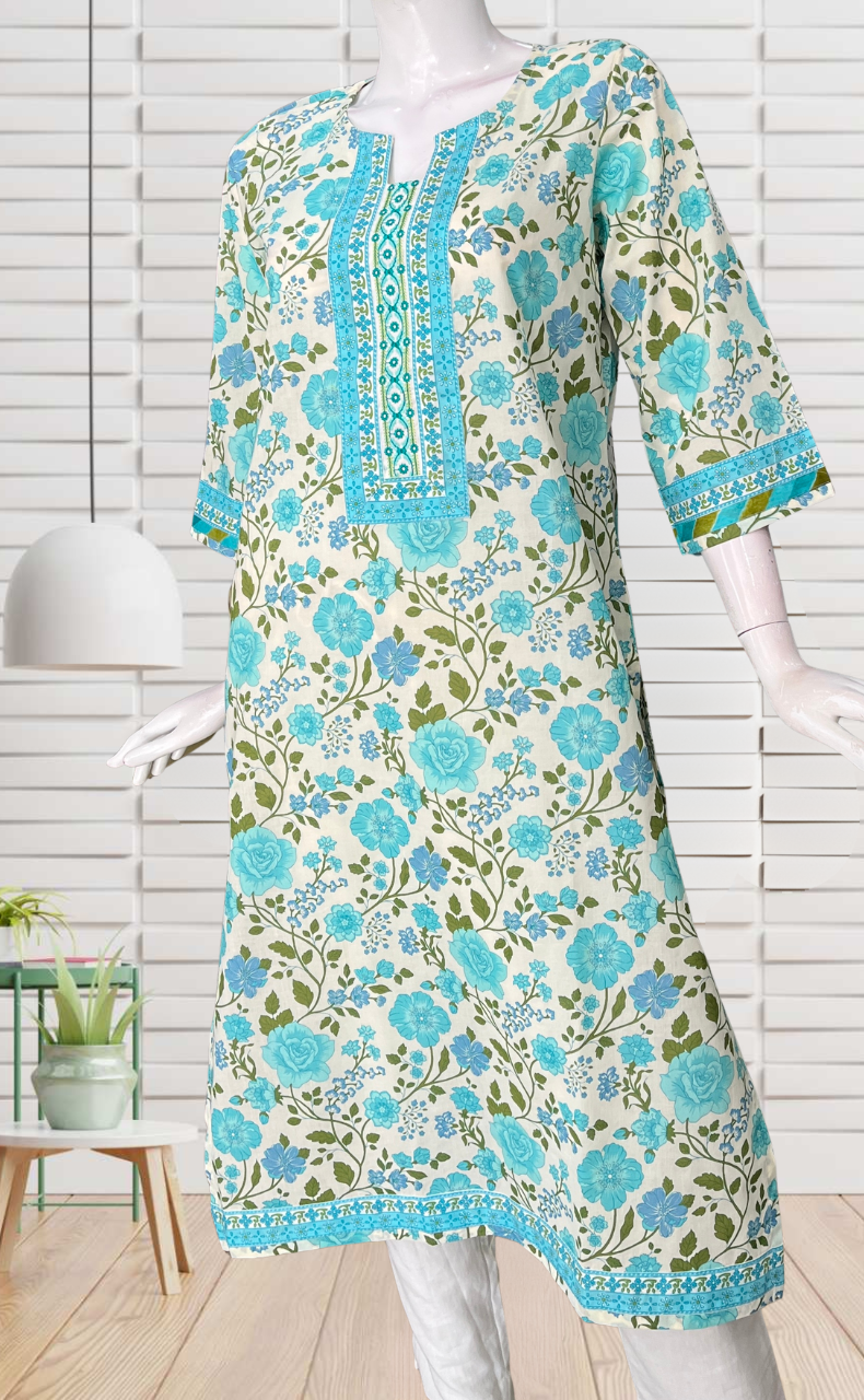Sea Green Garden Jaipuri Cotton Kurti. Pure Versatile Cotton. | Laces and Frills