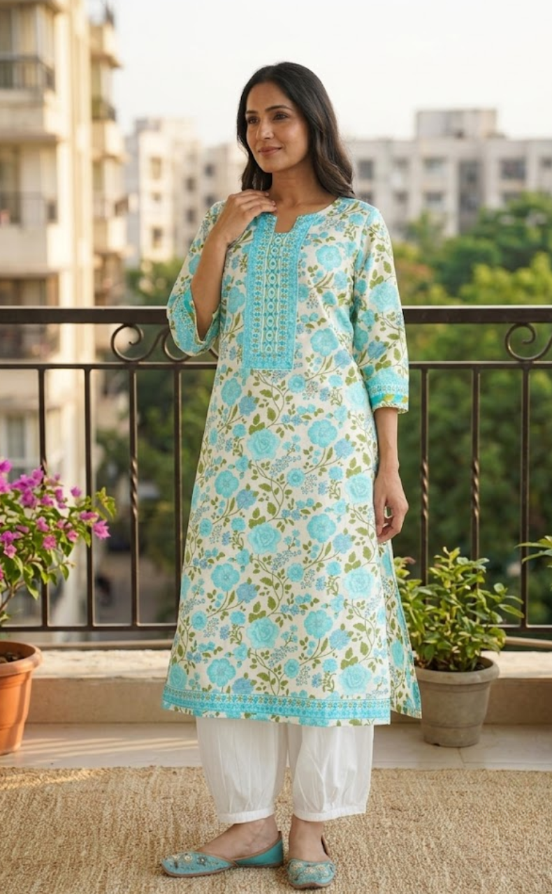 Sea Green Garden Jaipuri Cotton Kurti. Pure Versatile Cotton. | Laces and Frills