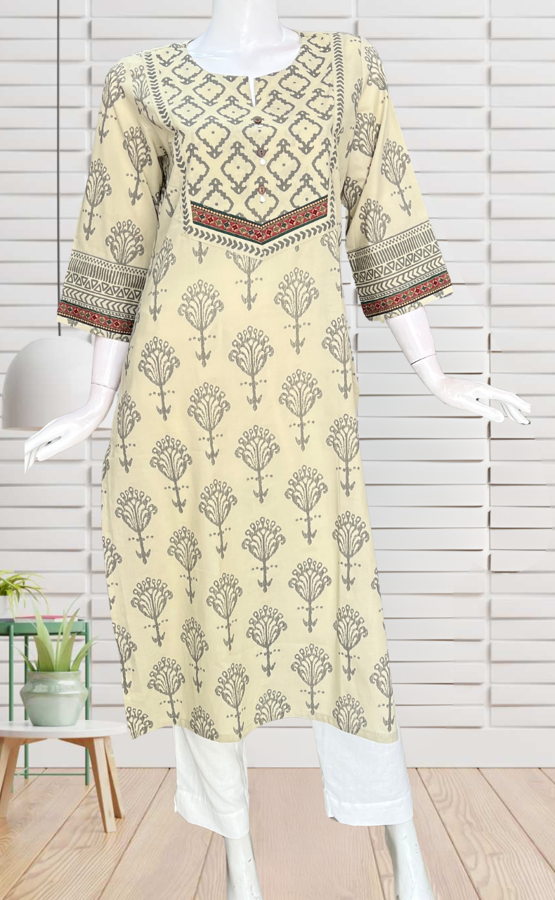 Beige Floral Jaipuri Cotton Kurti. Pure Versatile Cotton. | Laces and Frills