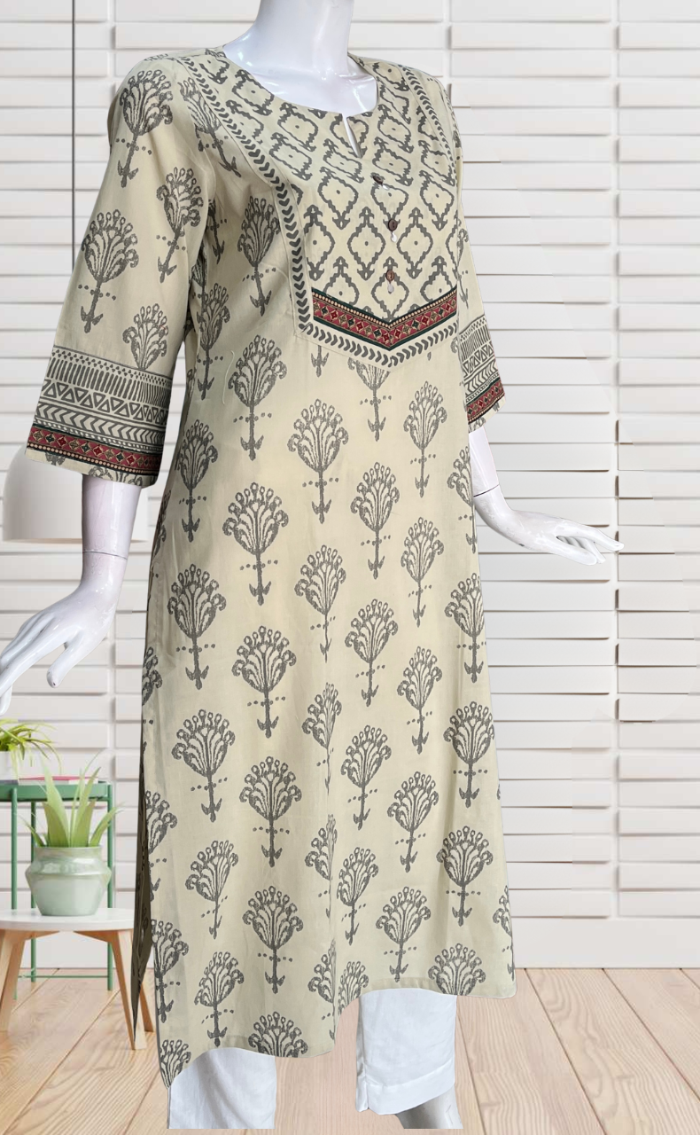 Beige Floral Jaipuri Cotton Kurti. Pure Versatile Cotton. | Laces and Frills