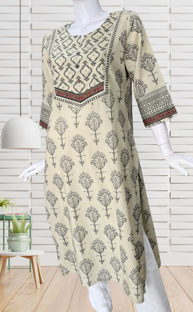 Beige Floral Jaipuri Cotton Kurti. Pure Versatile Cotton. | Laces and Frills