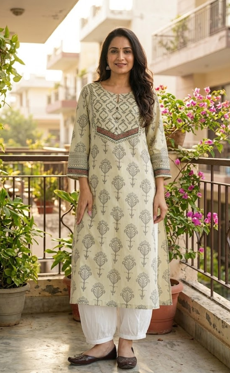 Beige Floral Jaipuri Cotton Kurti. Pure Versatile Cotton. | Laces and Frills