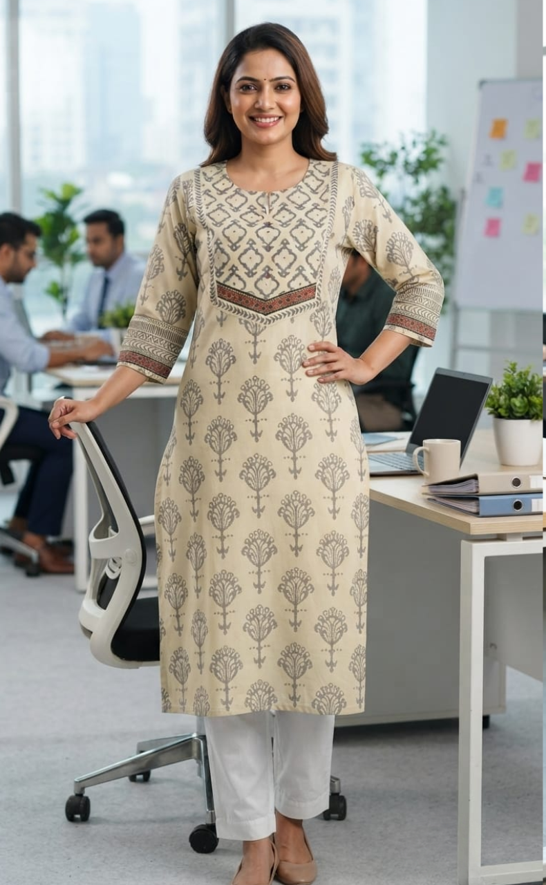 Beige Floral Jaipuri Cotton Kurti. Pure Versatile Cotton. | Laces and Frills