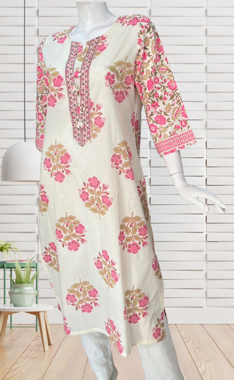 Pink Garden Jaipuri Cotton Kurti. Pure Versatile Cotton. | Laces and Frills