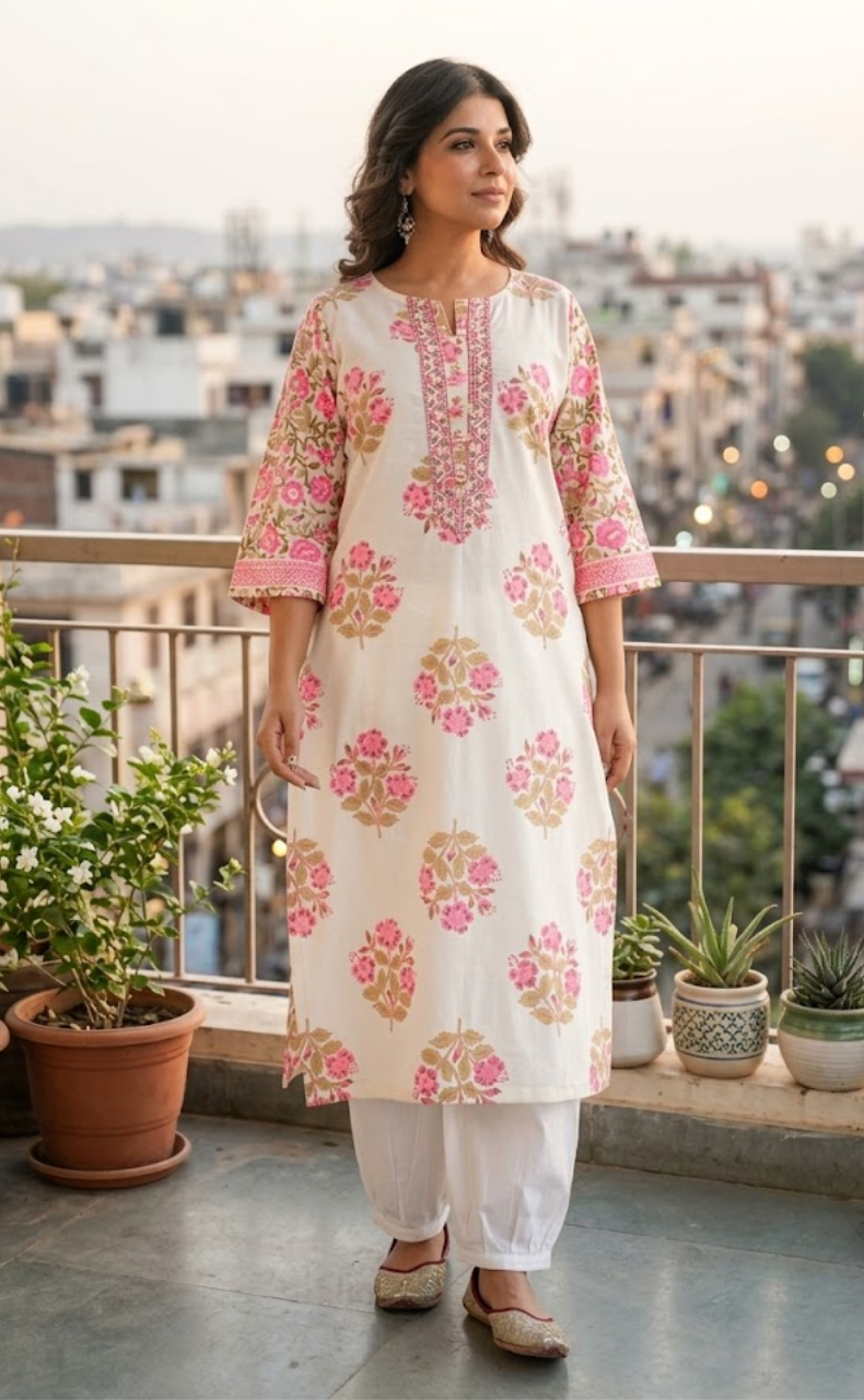 Pink Garden Jaipuri Cotton Kurti. Pure Versatile Cotton. | Laces and Frills