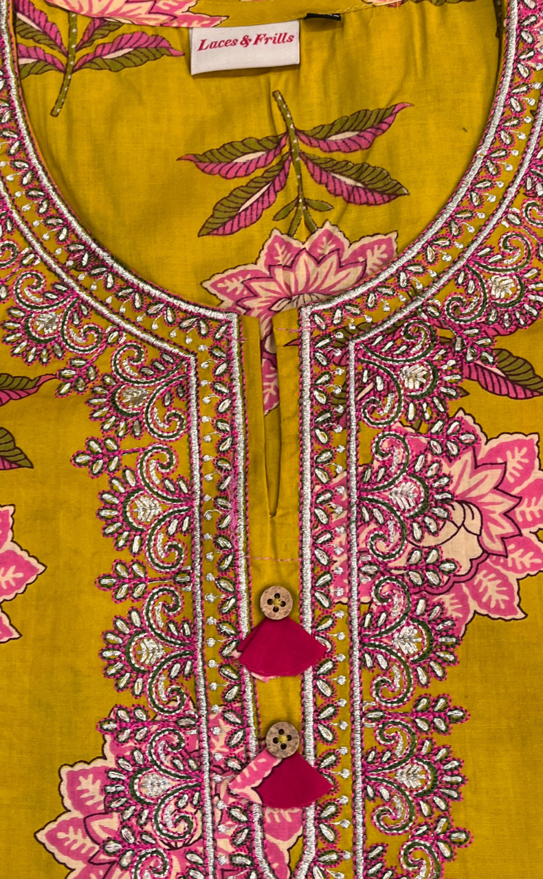 Mustard Embroidery Jaipuri Cotton Kurti. Pure Versatile Cotton. | Laces and Frills