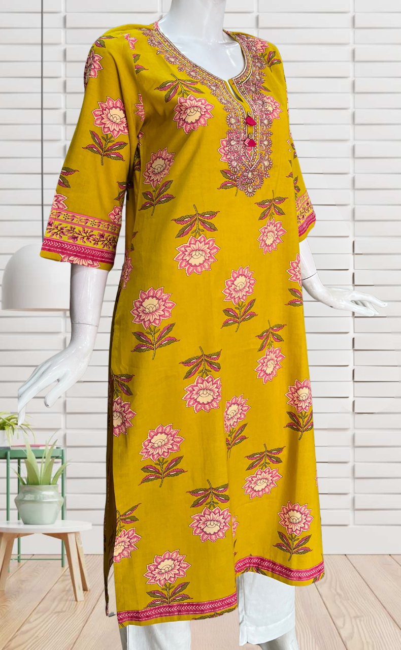 Mustard Embroidery Jaipuri Cotton Kurti. Pure Versatile Cotton. | Laces and Frills