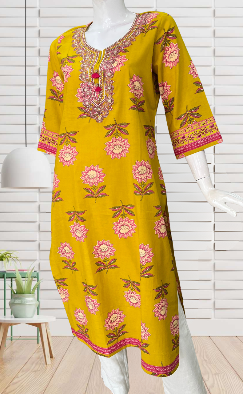 Mustard Embroidery Jaipuri Cotton Kurti. Pure Versatile Cotton. | Laces and Frills