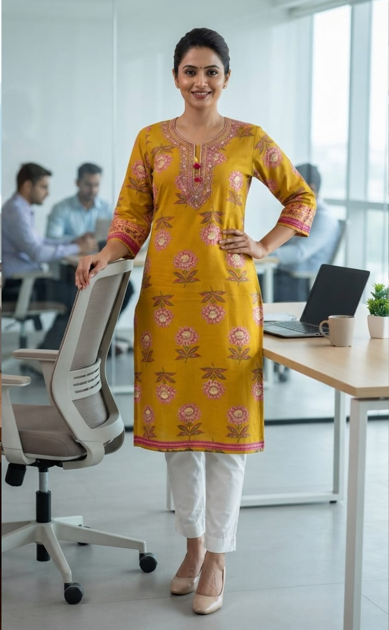 Mustard Embroidery Jaipuri Cotton Kurti. Pure Versatile Cotton. | Laces and Frills