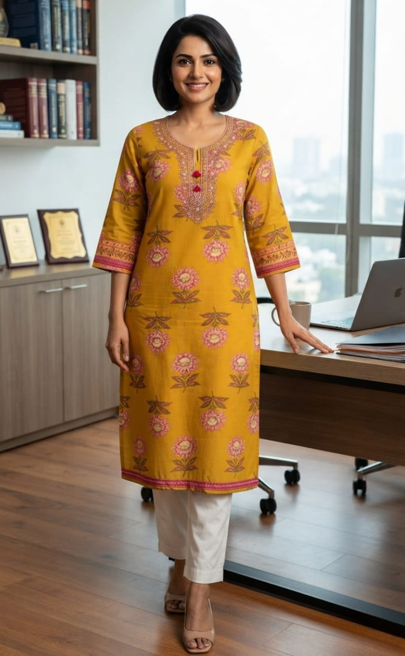Mustard Embroidery Jaipuri Cotton Kurti. Pure Versatile Cotton. | Laces and Frills