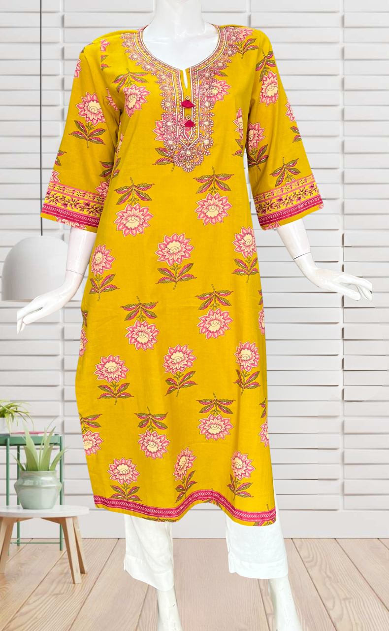 Mustard Embroidery Jaipuri Cotton Kurti. Pure Versatile Cotton. | Laces and Frills