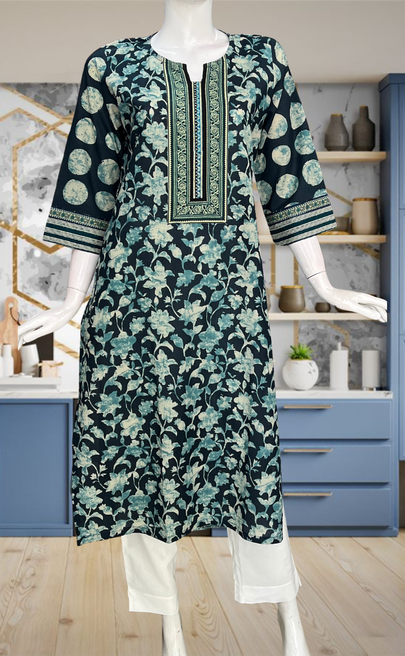 Teal Blue Garden Jaipuri Cotton Kurti. Pure Versatile Cotton. | Laces and Frills