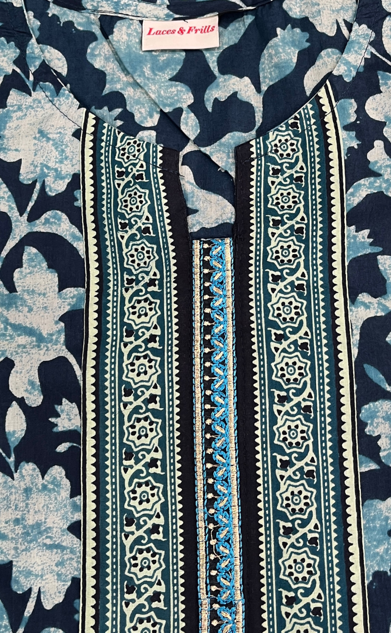 Teal Blue Garden Jaipuri Cotton Kurti. Pure Versatile Cotton. | Laces and Frills
