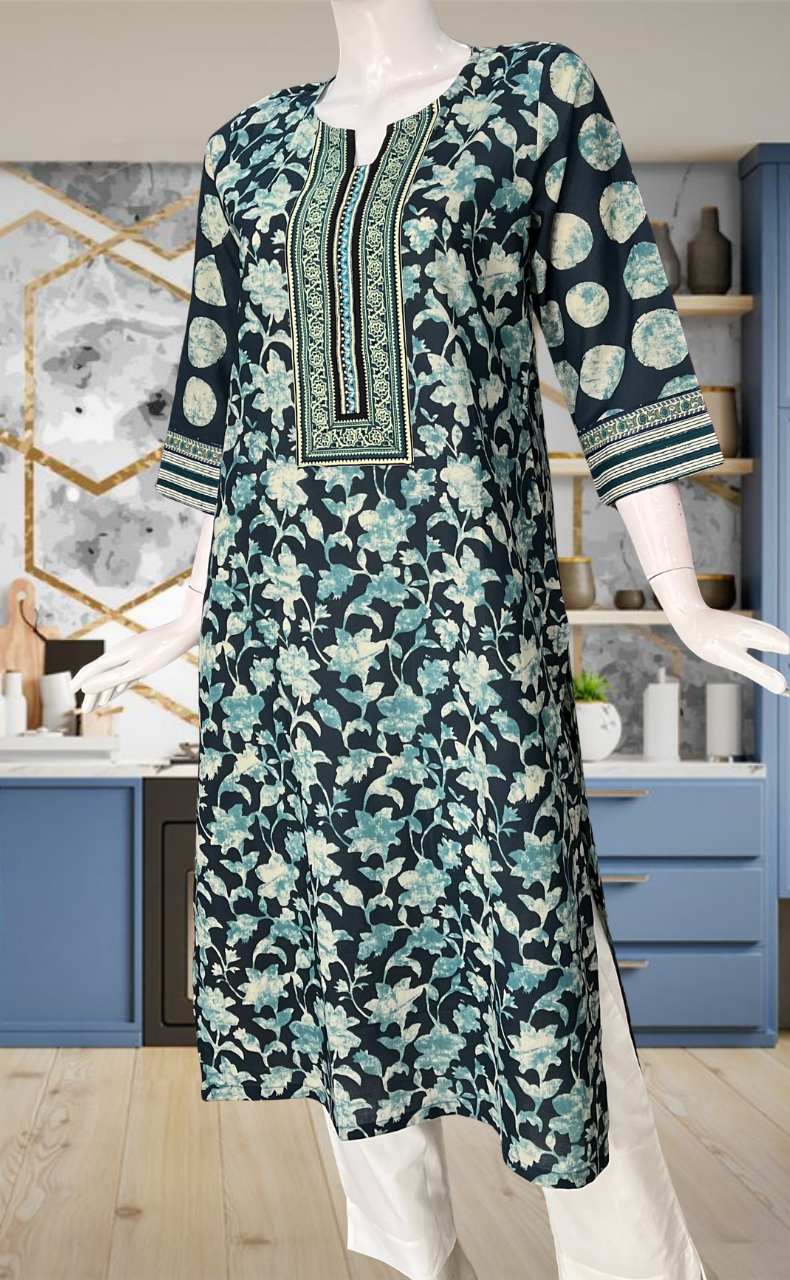 Teal Blue Garden Jaipuri Cotton Kurti. Pure Versatile Cotton. | Laces and Frills