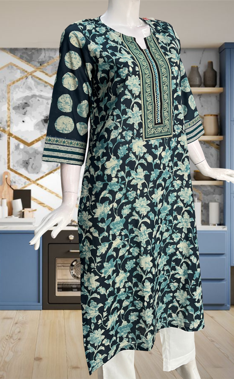 Teal Blue Garden Jaipuri Cotton Kurti. Pure Versatile Cotton. | Laces and Frills