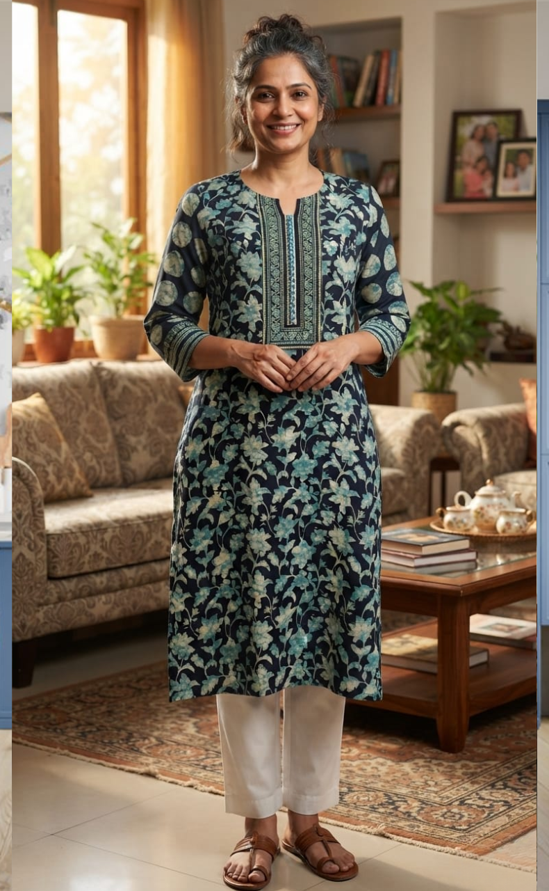 Teal Blue Garden Jaipuri Cotton Kurti. Pure Versatile Cotton. | Laces and Frills