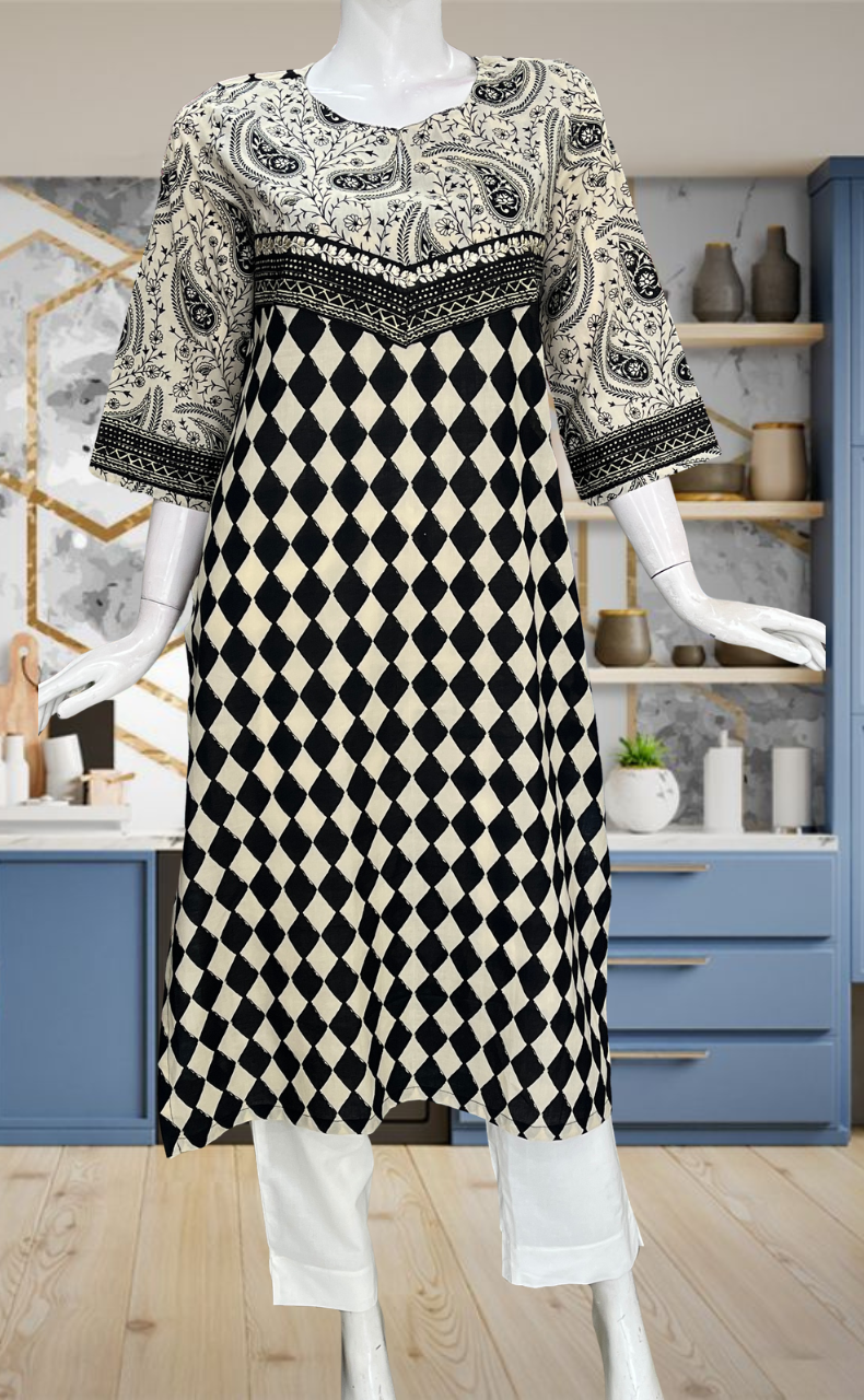 Off White/Black Abstract Jaipuri Cotton Kurti. Pure Versatile Cotton. | Laces and Frills