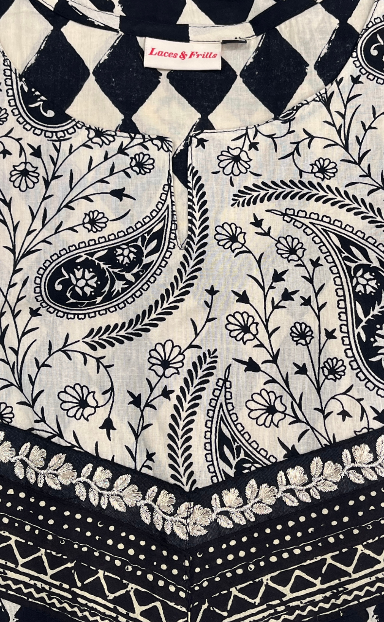 Off White/Black Abstract Jaipuri Cotton Kurti. Pure Versatile Cotton. | Laces and Frills