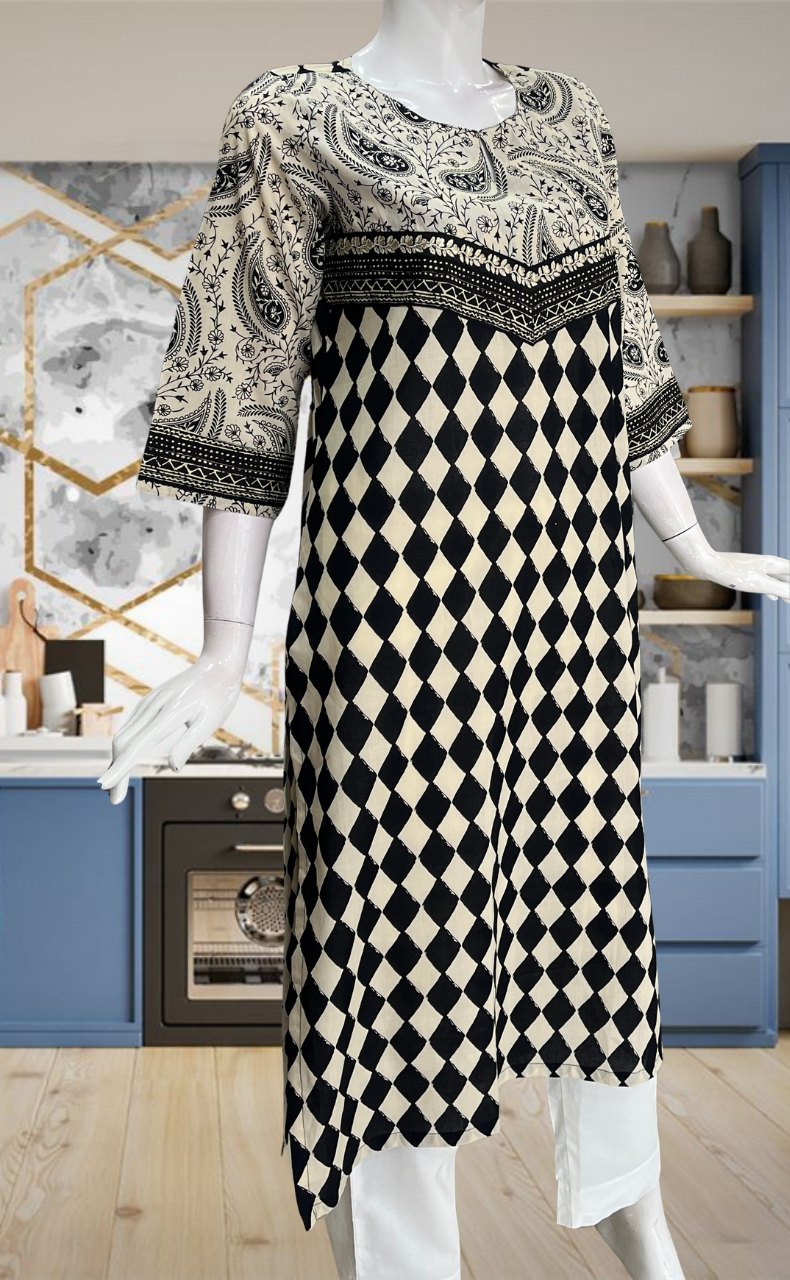Off White/Black Abstract Jaipuri Cotton Kurti. Pure Versatile Cotton. | Laces and Frills