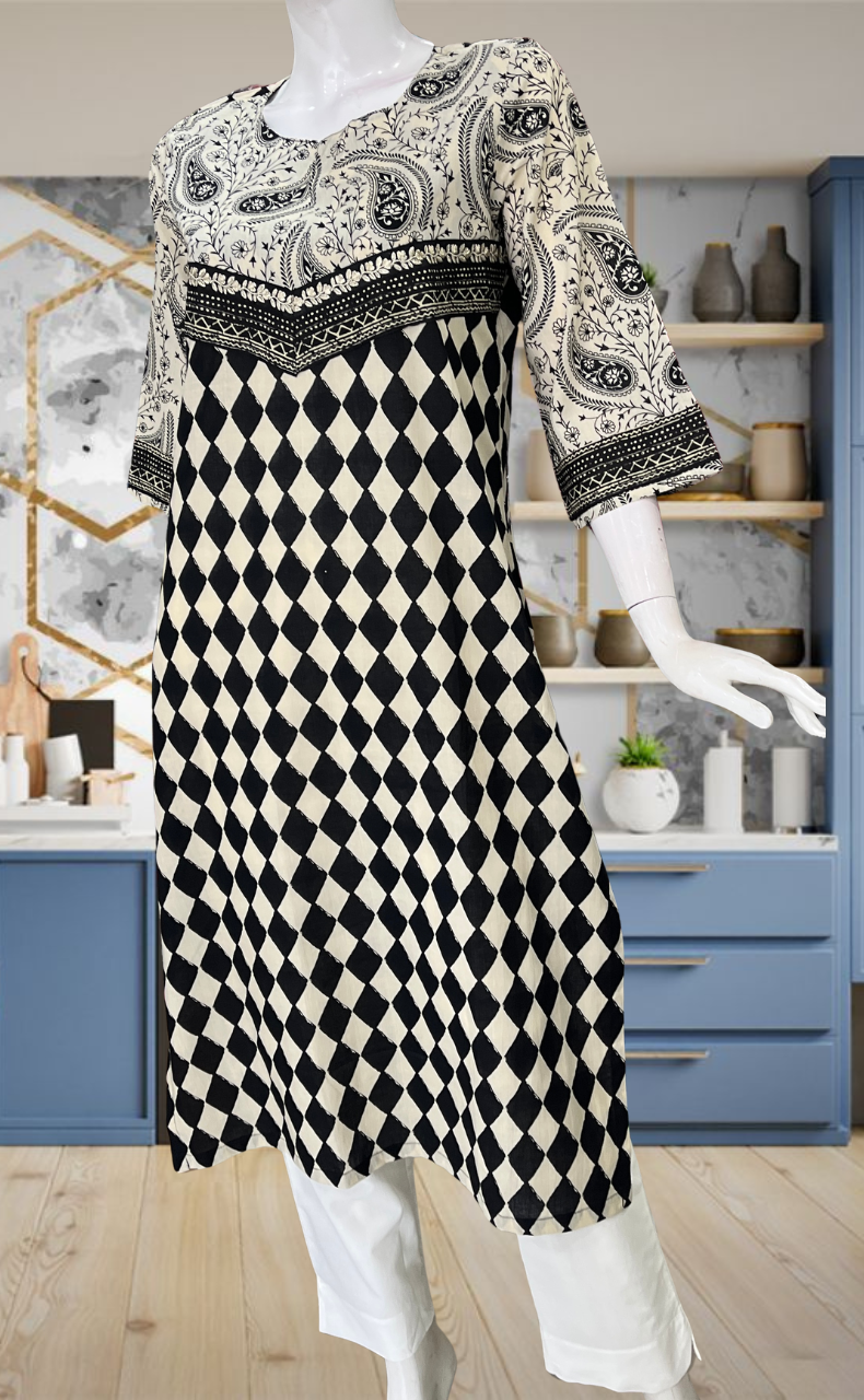 Off White/Black Abstract Jaipuri Cotton Kurti. Pure Versatile Cotton. | Laces and Frills