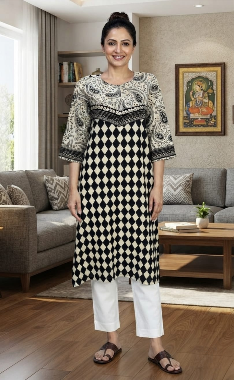 Off White/Black Abstract Jaipuri Cotton Kurti. Pure Versatile Cotton. | Laces and Frills