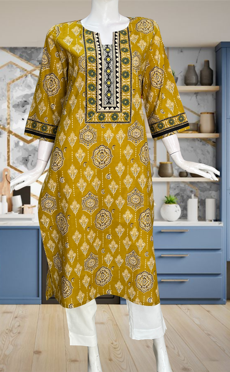 Mustard Ethnic Print Jaipuri Cotton Kurti. Pure Versatile Cotton. | Laces and Frills