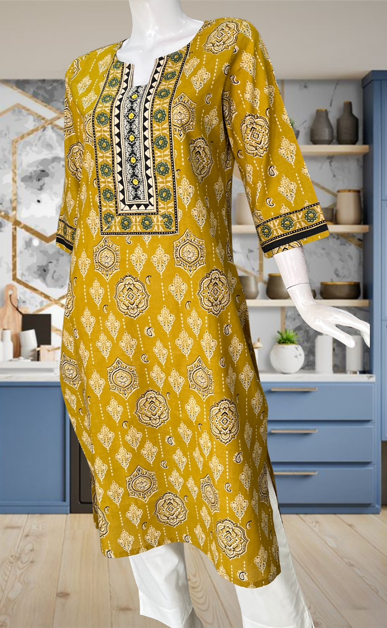 Mustard Ethnic Print Jaipuri Cotton Kurti. Pure Versatile Cotton. | Laces and Frills