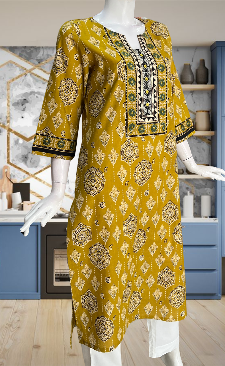 Mustard Ethnic Print Jaipuri Cotton Kurti. Pure Versatile Cotton. | Laces and Frills