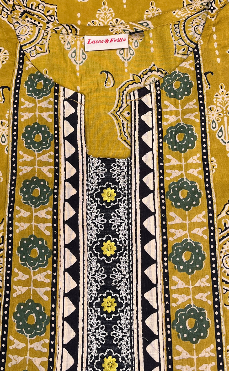 Mustard Ethnic Print Jaipuri Cotton Kurti. Pure Versatile Cotton. | Laces and Frills