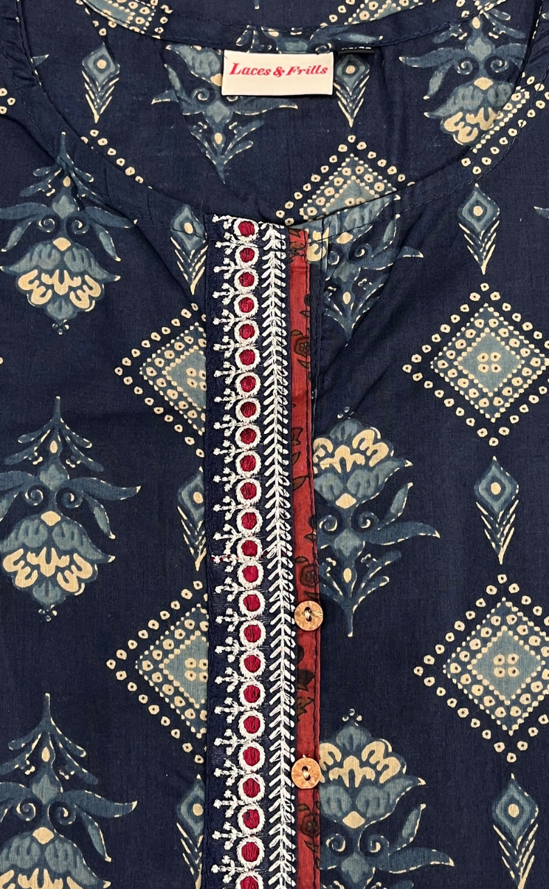 Blue Floral Jaipuri Cotton Kurti. Pure Versatile Cotton. | Laces and Frills