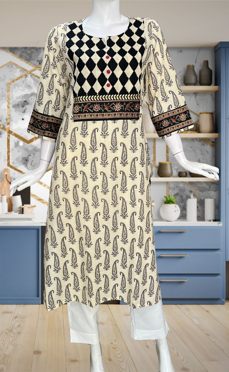 Off White Paisley Print Jaipuri Cotton Kurti. Pure Versatile Cotton. | Laces and Frills