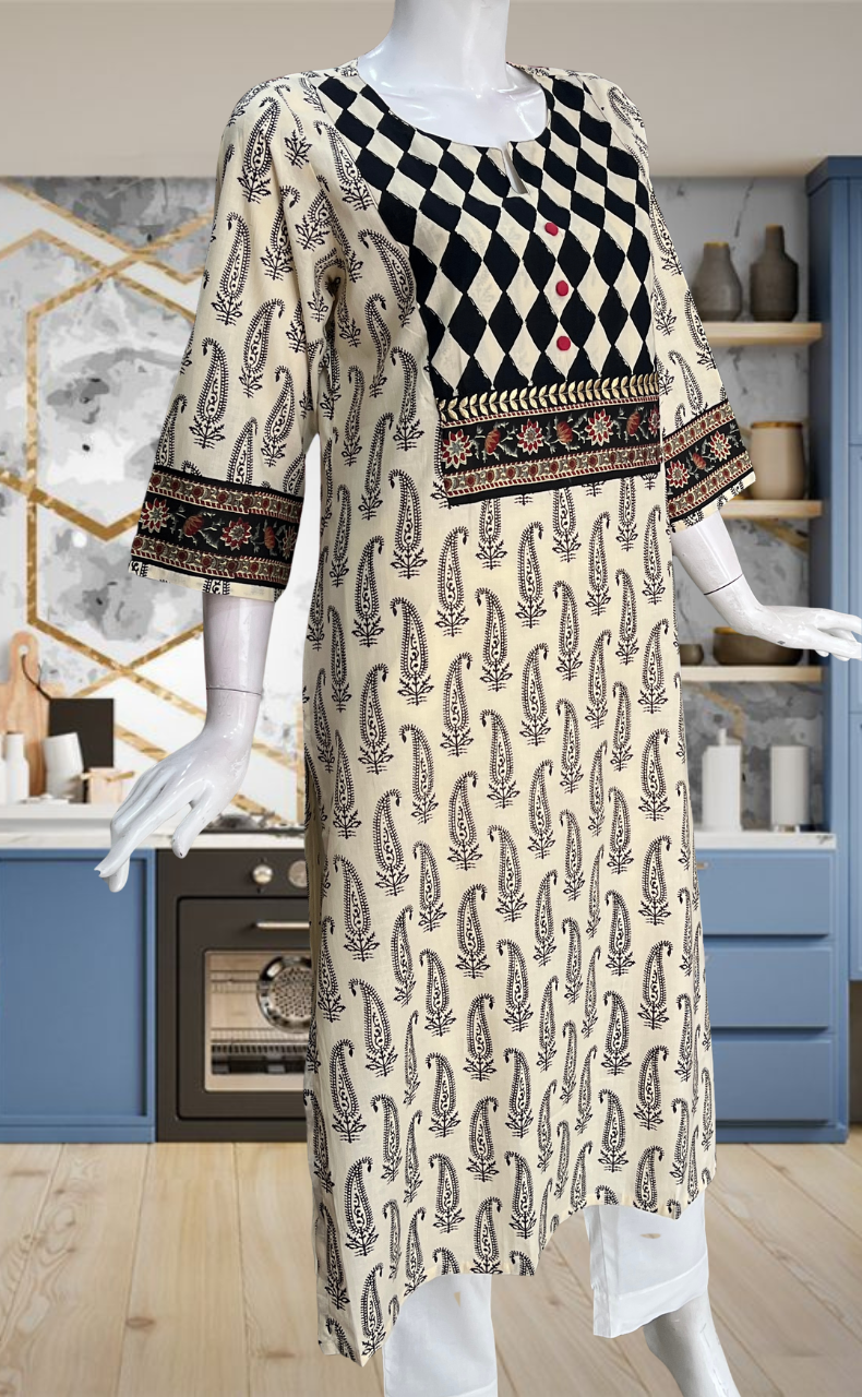 Off White Paisley Print Jaipuri Cotton Kurti. Pure Versatile Cotton. | Laces and Frills