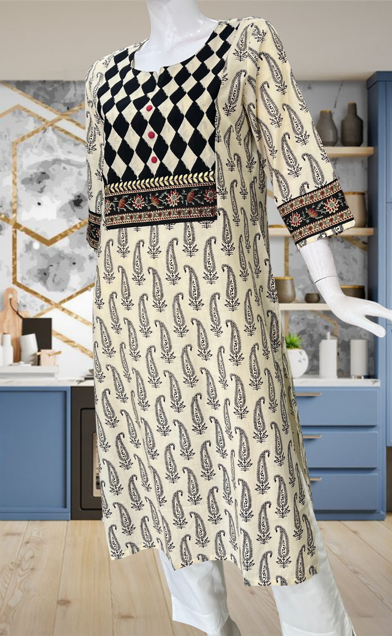 Off White Paisley Print Jaipuri Cotton Kurti. Pure Versatile Cotton. | Laces and Frills