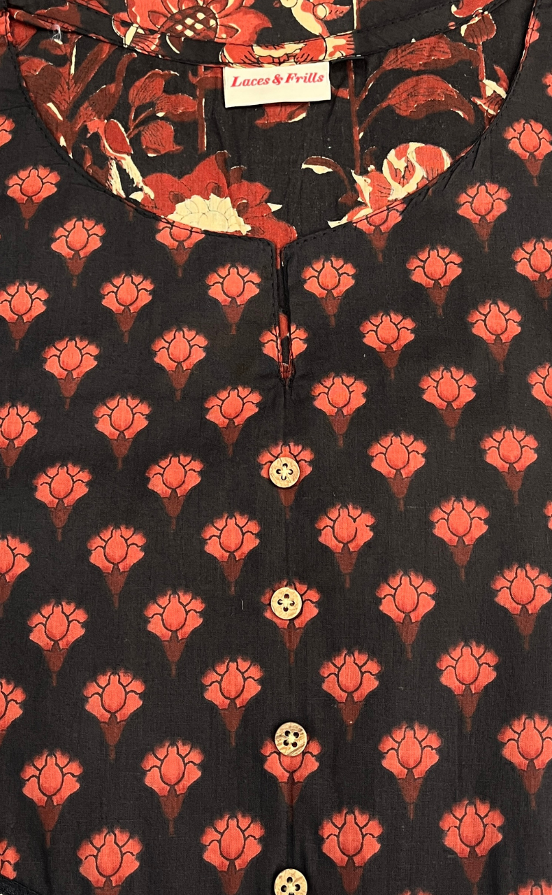 Black Garden Jaipuri Cotton Kurti. Pure Versatile Cotton. | Laces and Frills