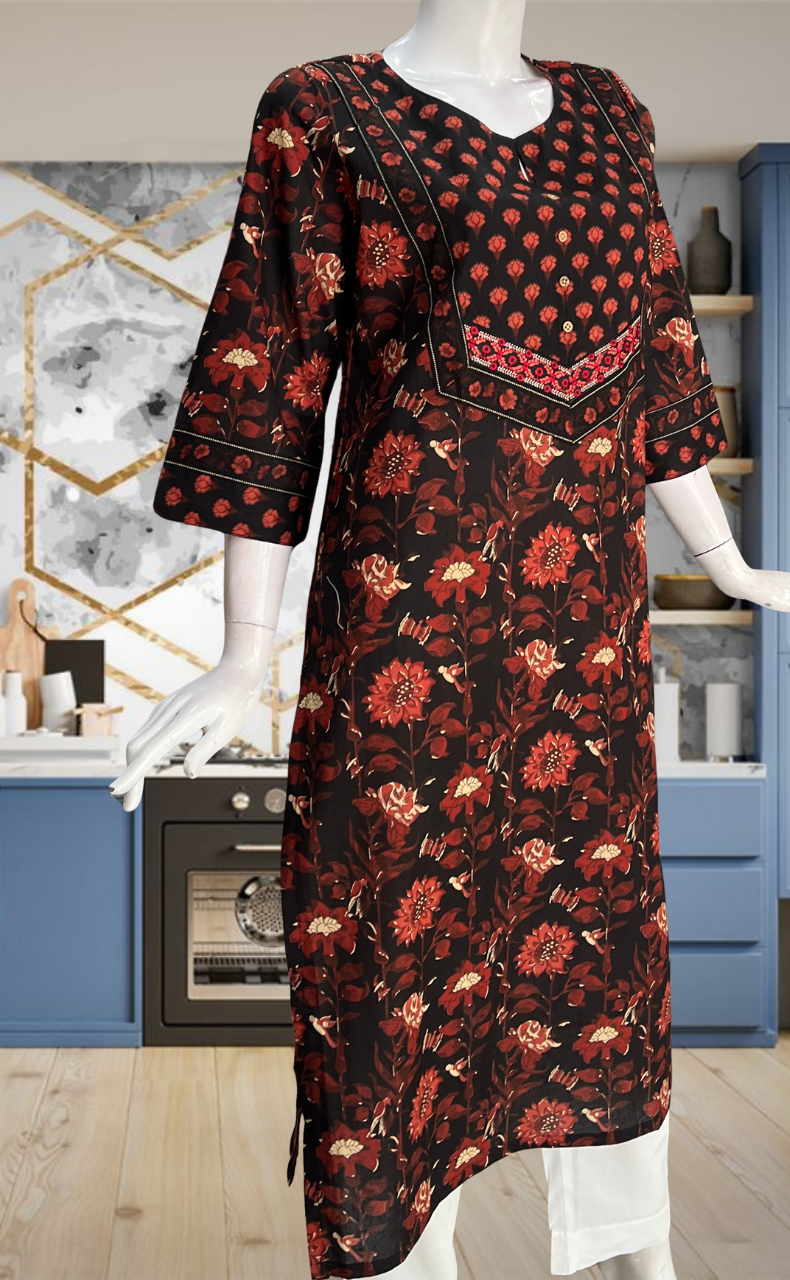 Black Garden Jaipuri Cotton Kurti. Pure Versatile Cotton. | Laces and Frills