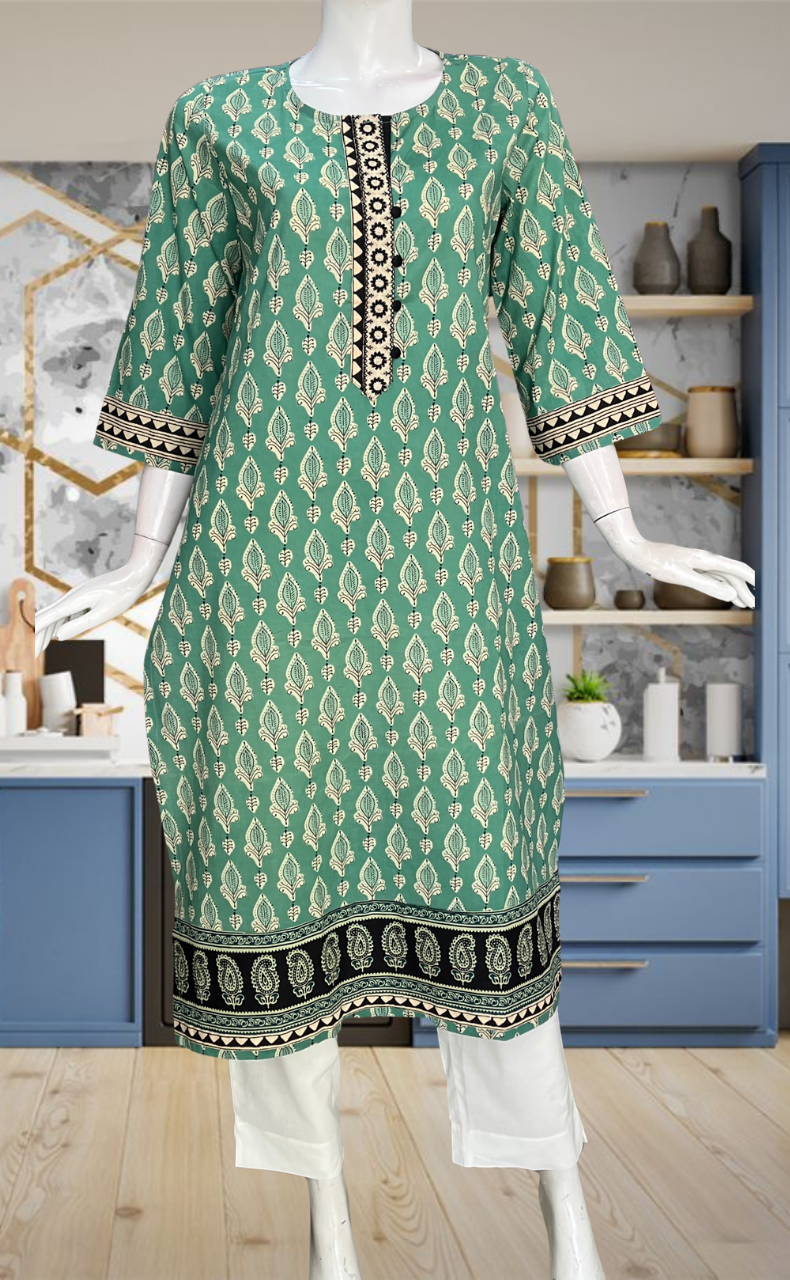 Pista Green Floral Jaipuri Cotton Kurti. Pure Versatile Cotton. | Laces and Frills