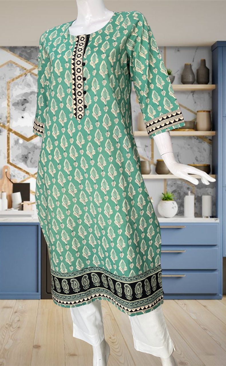 Pista Green Floral Jaipuri Cotton Kurti. Pure Versatile Cotton. | Laces and Frills
