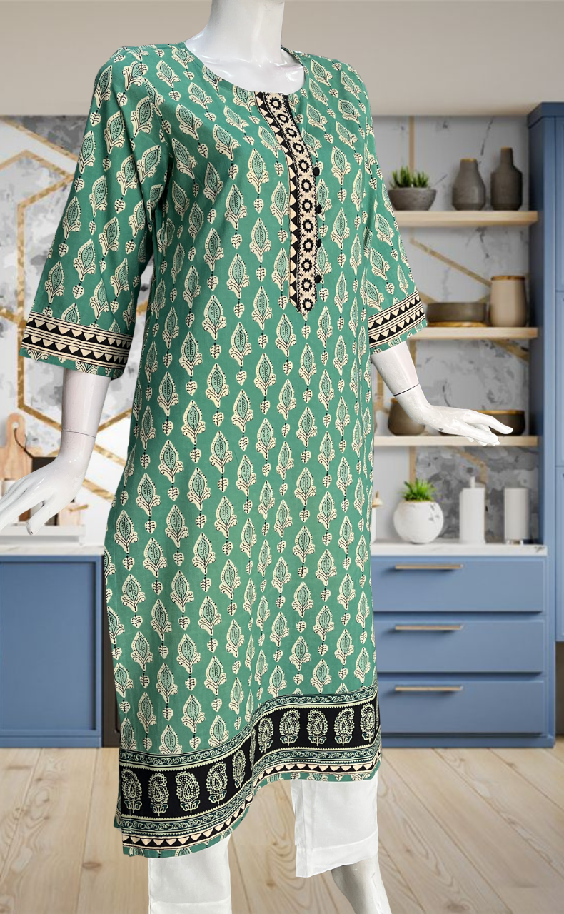 Pista Green Floral Jaipuri Cotton Kurti. Pure Versatile Cotton. | Laces and Frills