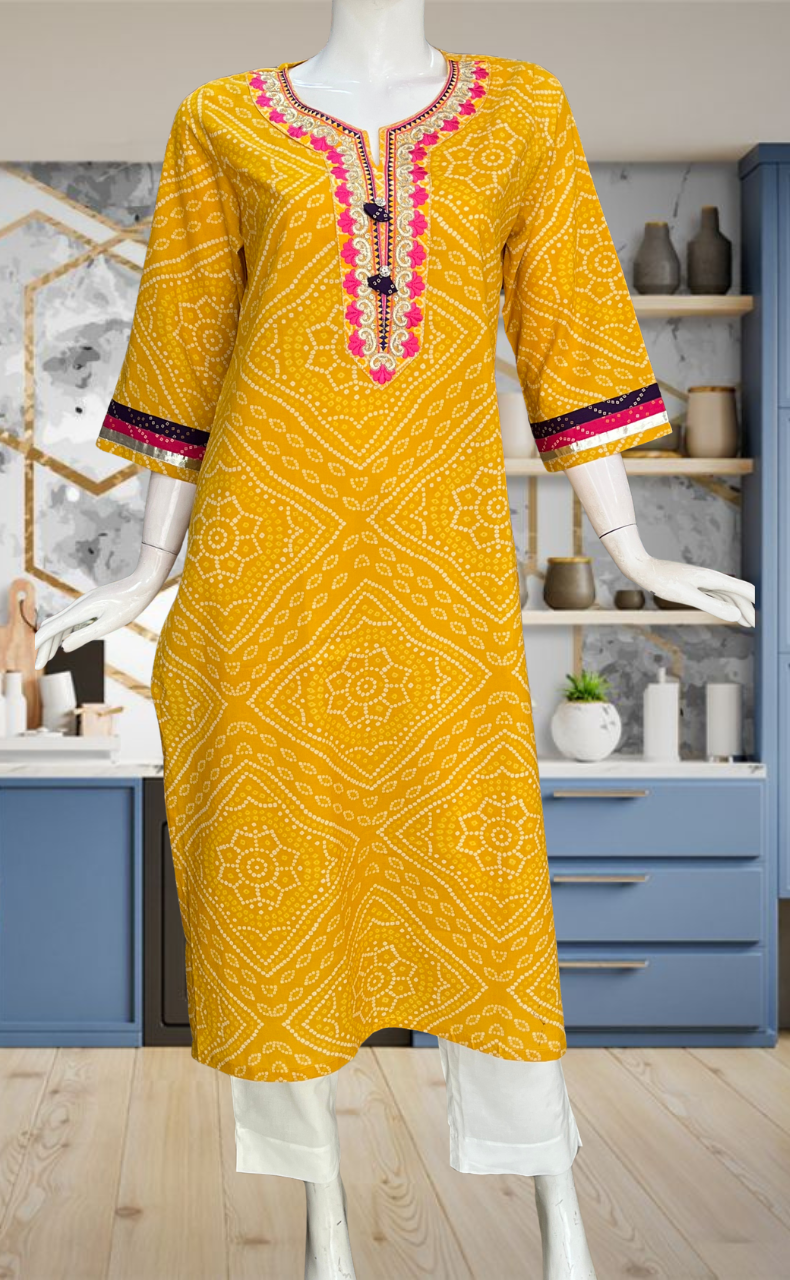 Yellow Bandini Jaipuri Cotton Kurti. Pure Versatile Cotton. | Laces and Frills