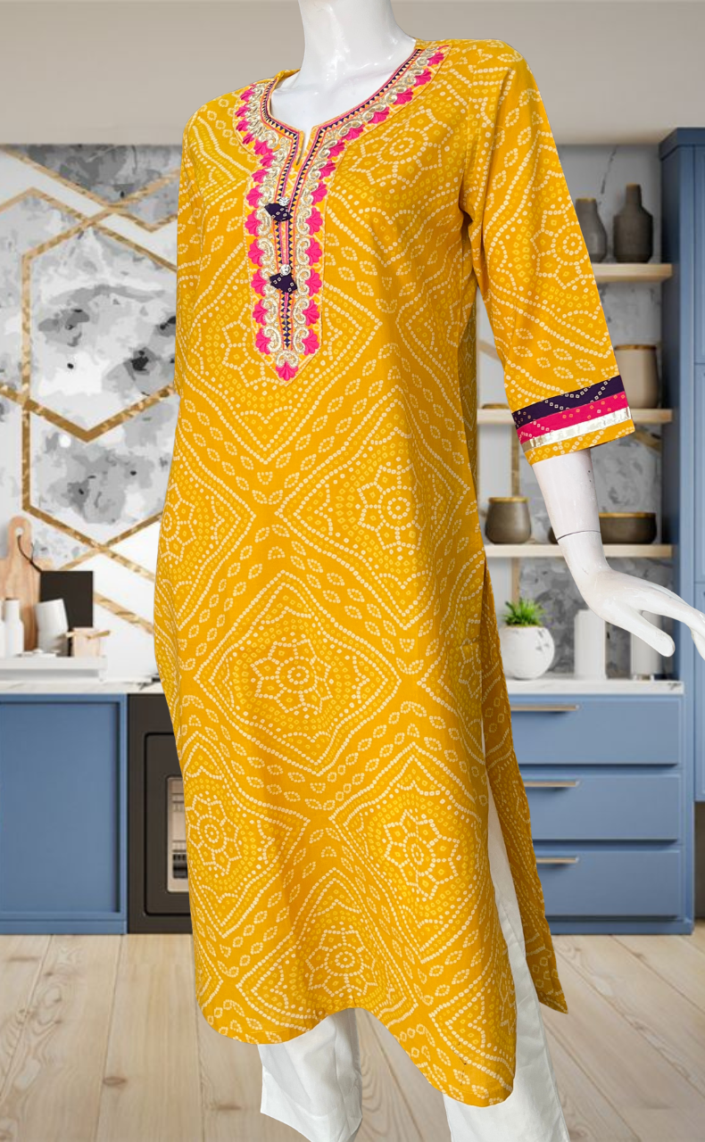 Yellow Bandini Jaipuri Cotton Kurti. Pure Versatile Cotton. | Laces and Frills