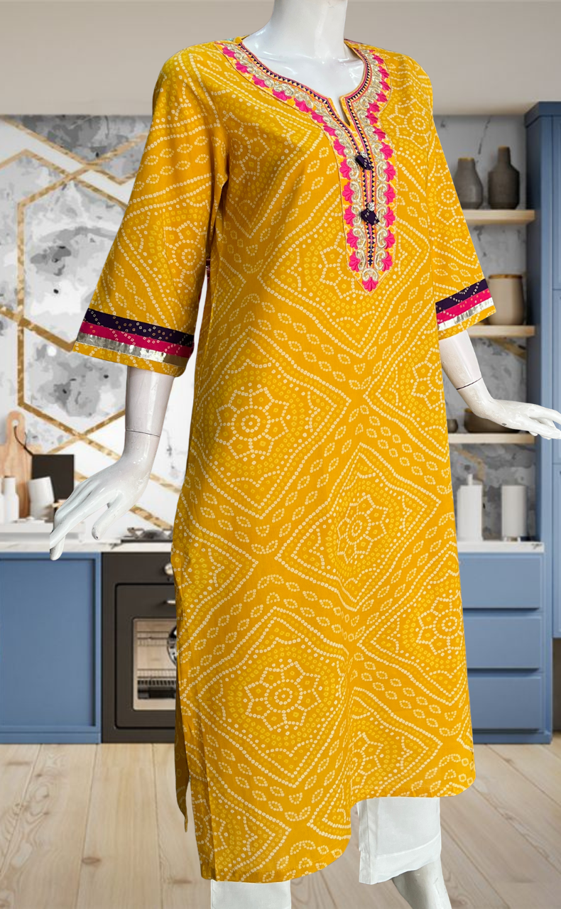 Yellow Bandini Jaipuri Cotton Kurti. Pure Versatile Cotton. | Laces and Frills