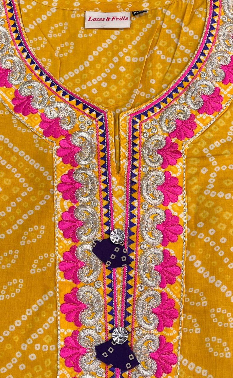 Yellow Bandini Jaipuri Cotton Kurti. Pure Versatile Cotton. | Laces and Frills