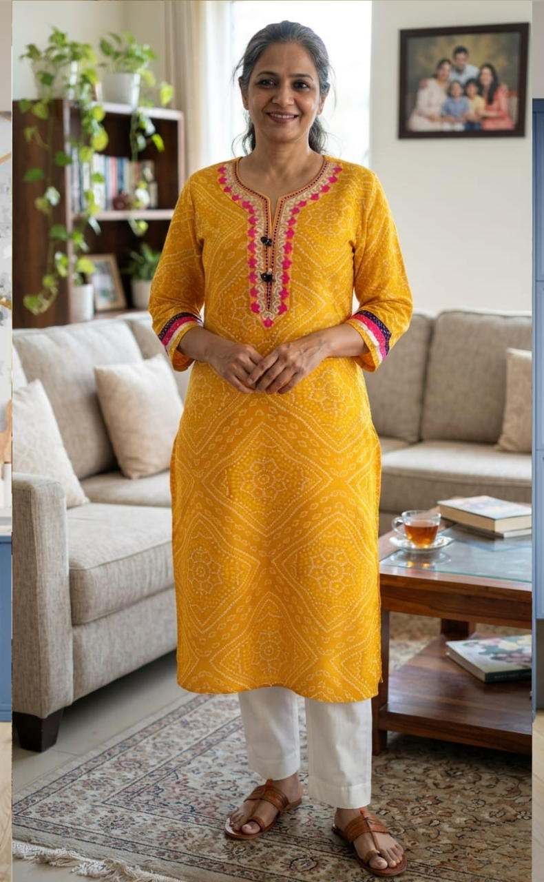 Yellow Bandini Jaipuri Cotton Kurti. Pure Versatile Cotton. | Laces and Frills