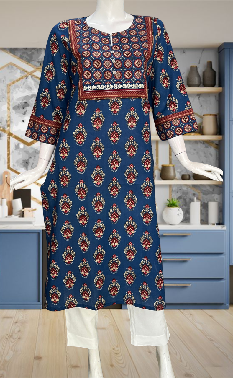 Blue Flora Jaipuri Cotton Kurti. Pure Versatile Cotton. | Laces and Frills