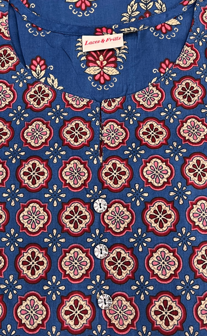 Blue Flora Jaipuri Cotton Kurti. Pure Versatile Cotton. | Laces and Frills