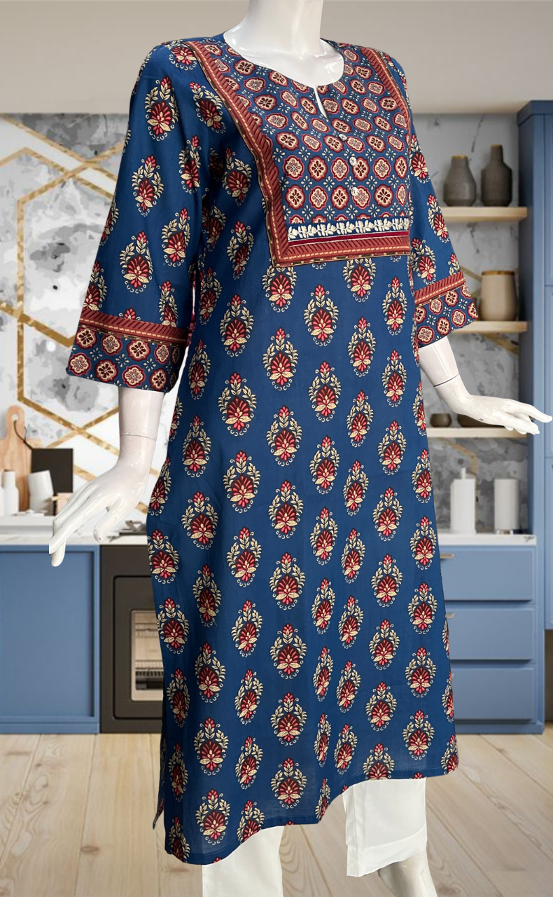 Blue Flora Jaipuri Cotton Kurti. Pure Versatile Cotton. | Laces and Frills