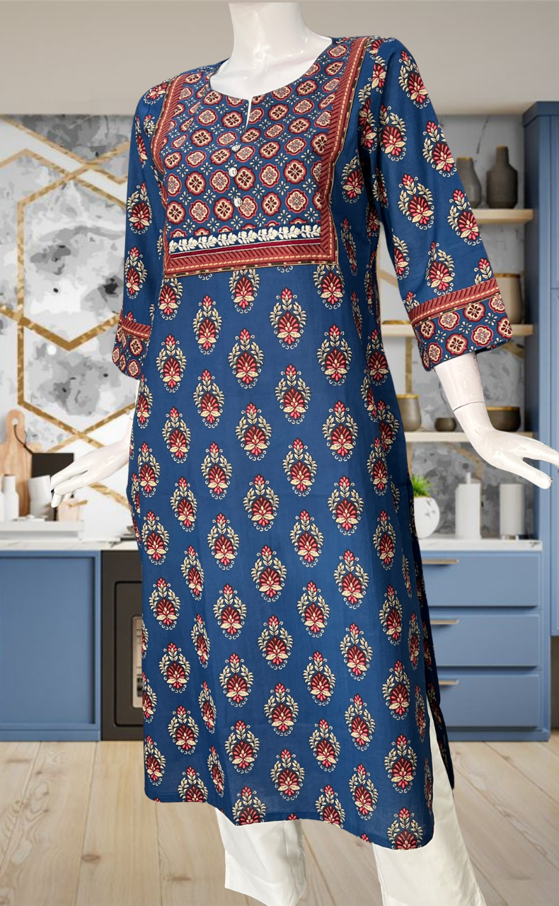 Blue Flora Jaipuri Cotton Kurti. Pure Versatile Cotton. | Laces and Frills