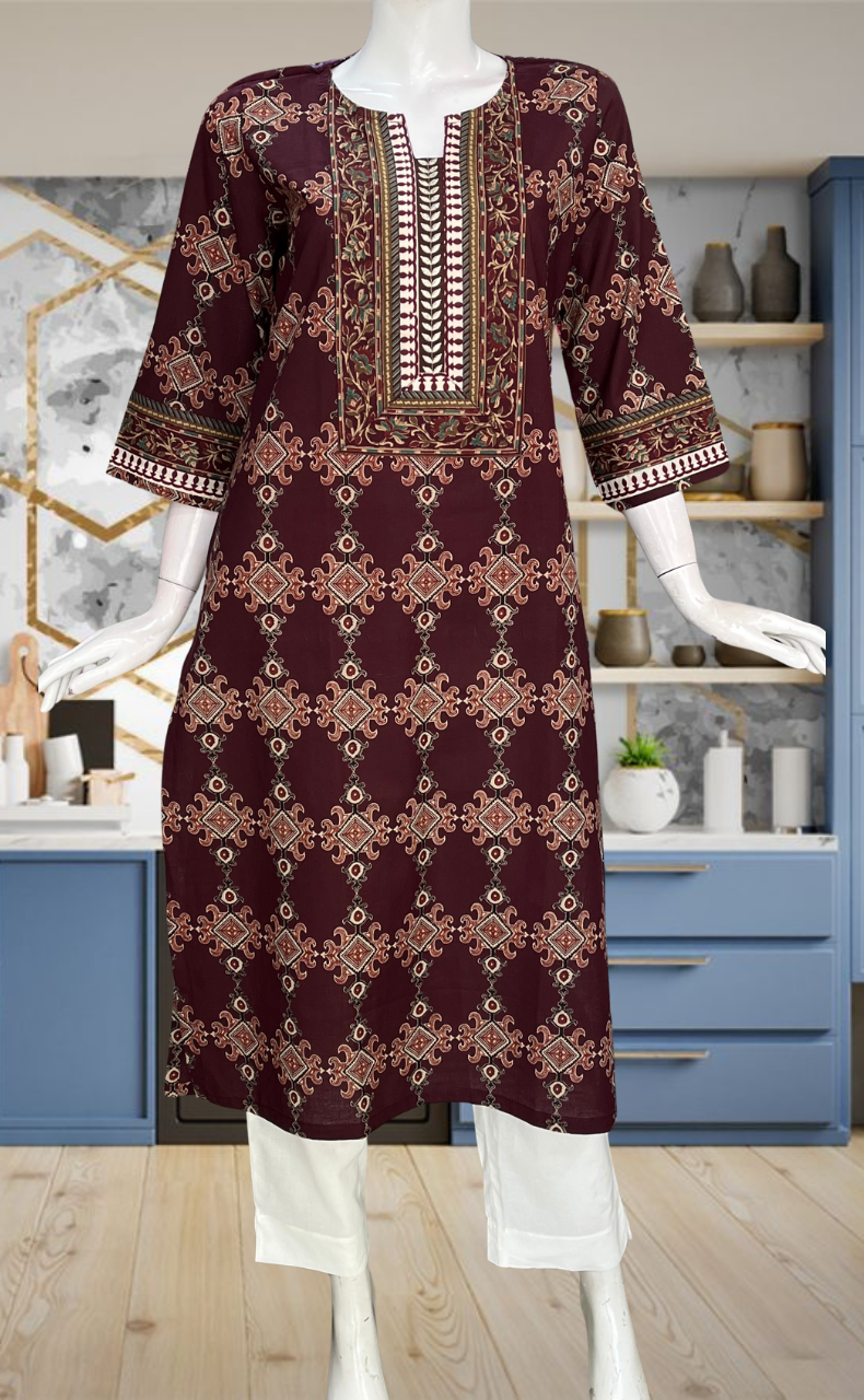 Maroon Ethnic Print Jaipuri Cotton Kurti. Pure Versatile Cotton. | Laces and Frills