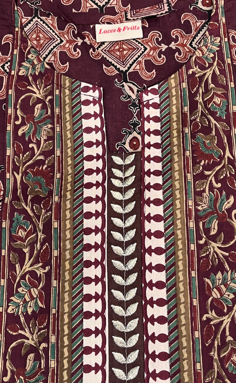 Maroon Ethnic Print Jaipuri Cotton Kurti. Pure Versatile Cotton. | Laces and Frills